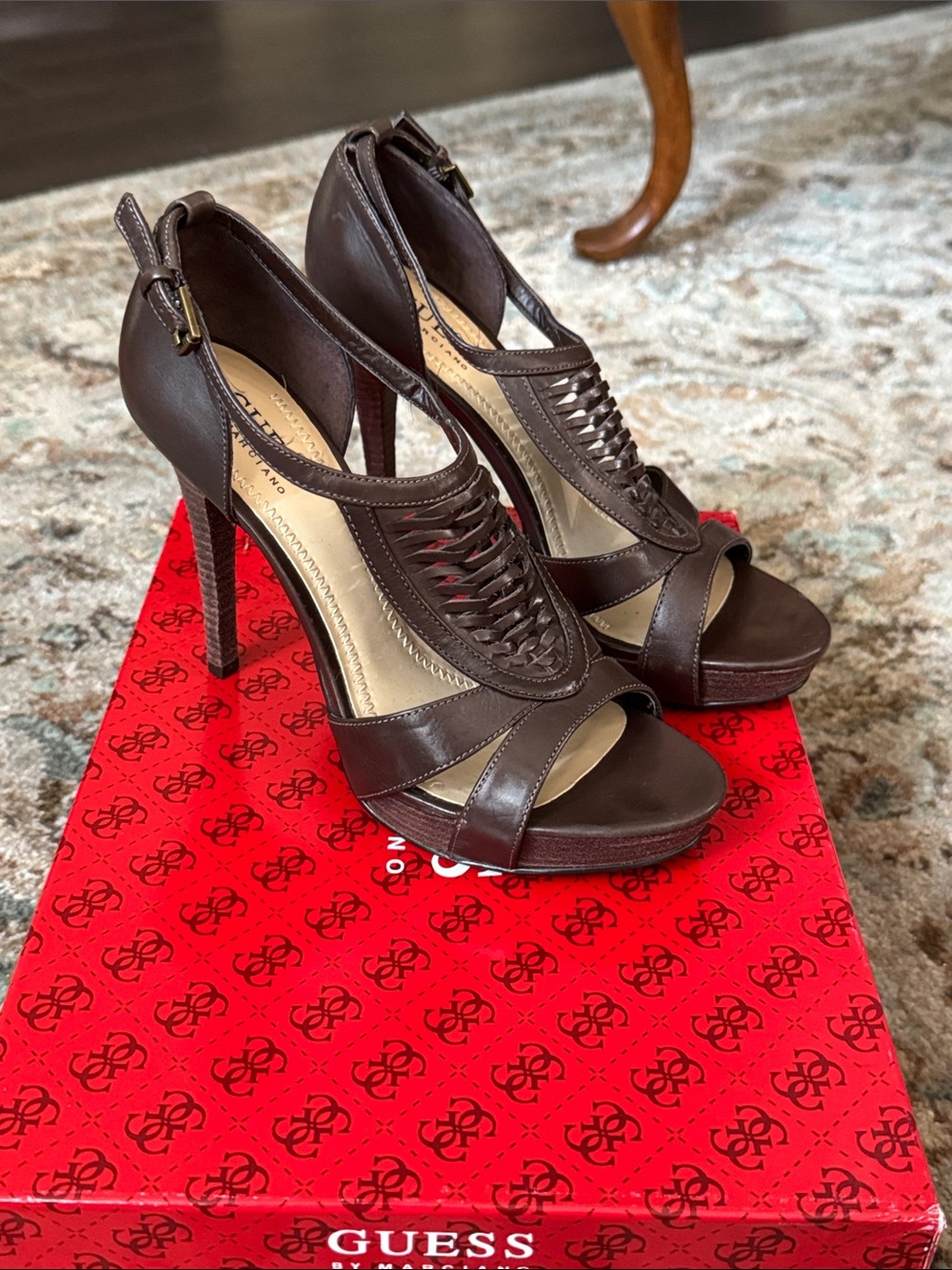 GUESS Dark Brown Woven Leather High Heel Sandals